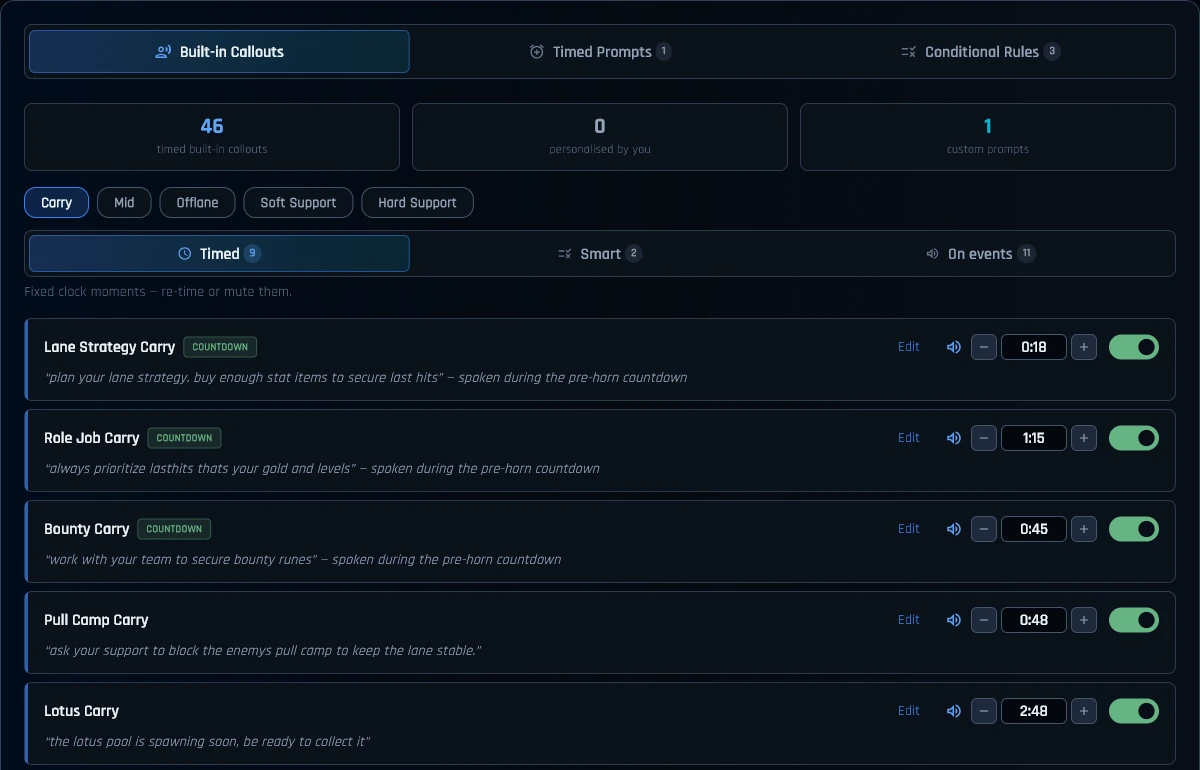 Carry callout settings showing editable countdowns and timings for lane strategy, bounty runes, the pull camp and the lotus pool, with individual playback and on/off controls.